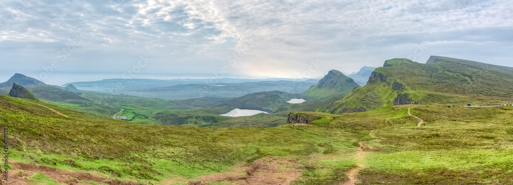 Panoramic view of the landscape surrounding the Quiraing, Isle of Skye, Scotland, UK