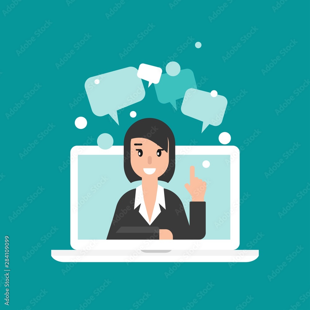 Woman attorney on computer screen with speech bubbles. flat vector illustration on blue background. Woman attorney on computer screen with speech bubbles. flat vector illustration on blue background.