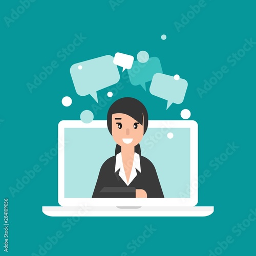 Woman attorney on computer screen with speech bubbles. flat vector illustration on blue background.