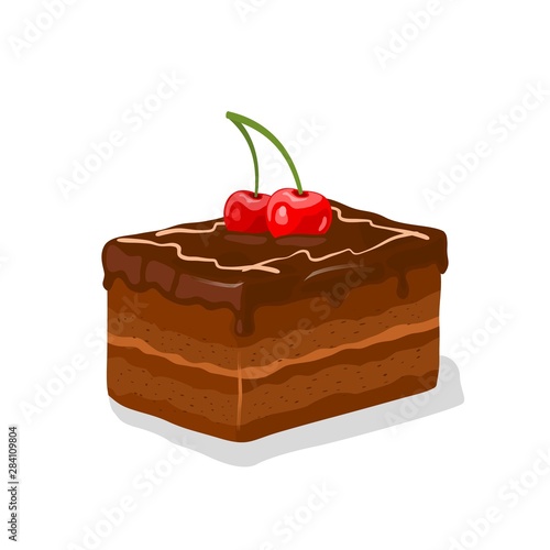 Piece of chocolate glazed layered gateau, fancy cake with buttercream garnished by cherries and whipped cream. Truffle shortcake. Cocoa patisserie. Vector cartoon illustration isolated on white.