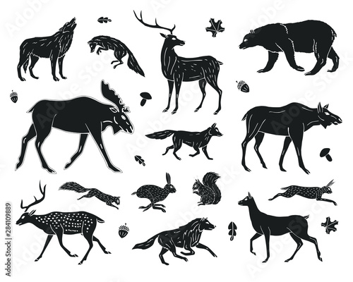 Vector black hand drawn sketch set collection of forest animals isolated on white background
