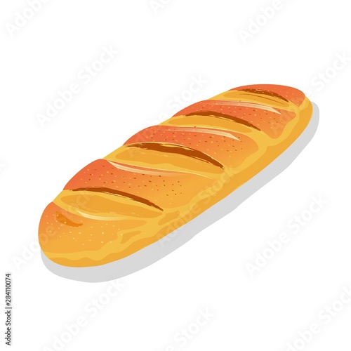 Wheaten French bread, long loaf, baguette with crackling crust. Using for toasts, sandwiches, sarnies. Carbohydrate source. Cartoon vector icon isolated on white for menu, advertising, recipe, label.