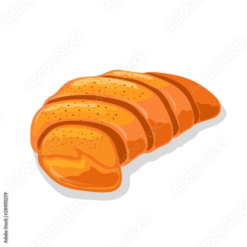 Fresh crescent roll or croissant. Viennoiserie pastry of Austrian or French cuisine. Sweet breakfast, snack. Baking, dessert food. Cartoon vector icon isolated on white for cake shop, bakehouse.