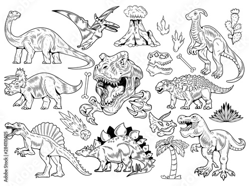 Fototapeta Naklejka Na Ścianę i Meble -  Set collection bundle of engraving dinosaurs
