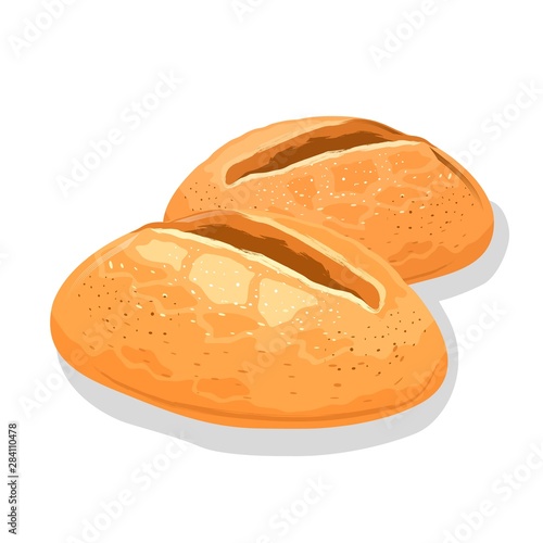 Small wheaten white bread rolls. Fresh crusty buns. Baking, pastry, cereal products. Can be used for eaten, toasts, sandwiches, sarnies, homemade burgers. Vector cartoon icon isolated on white.