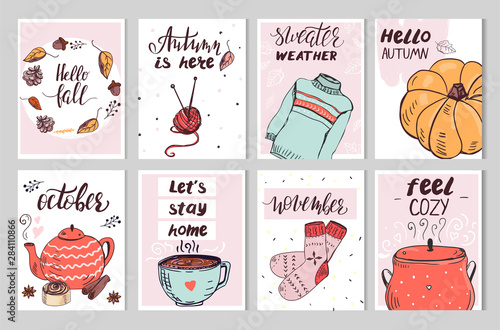 Set of eight cute autumn cards with simple cartoon style elements