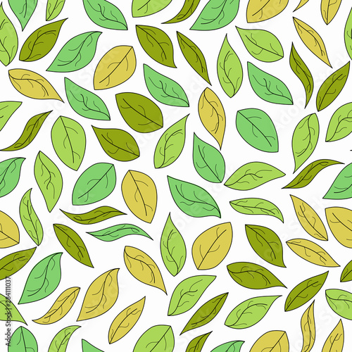 Hand drawn green leaves seamless pattern. Autumn background. Vector illustration
