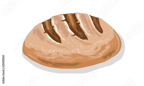Rustic rye bread. Round black loaf. Wholegrain crusty baking, pastry. Carbohydrate source. Vector cartoon illustration isolated on white background for cookbook recipe, menu, packing, label.