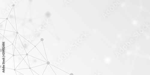 Abstract futuristic crypto blockchain. White dots and shapes in triangles. Modern digital technology concept texture for banner or web design