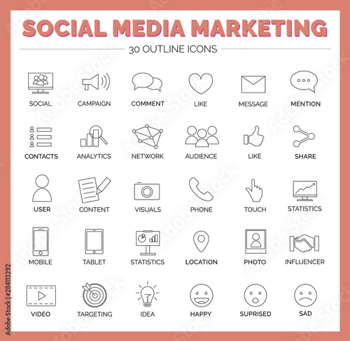 Social Media Marketing Icons - Like, Comment, Message, Mention, Location, Targeting, Share, Audience