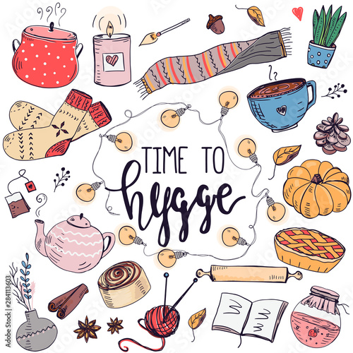 Set of hand drawn cute elements for making cosy mood.
