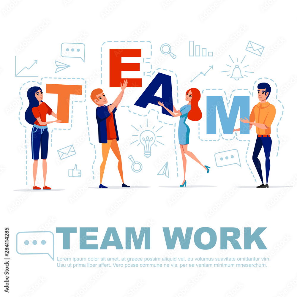 Teamwork concept with man and woman holding letters TEAM with icon on background flat vector illustration