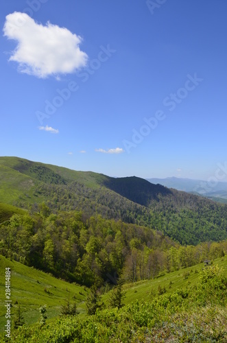 Beautiful green slopes of the Carpathian Mountains. Blue sky. Borzhava. Ukrainian landscapes.