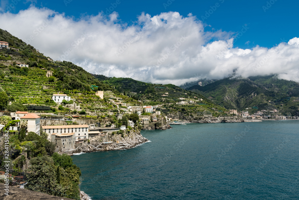 Amalfi Coast  from Villa Rufolo gardens in Ravello, Campania, Italy
