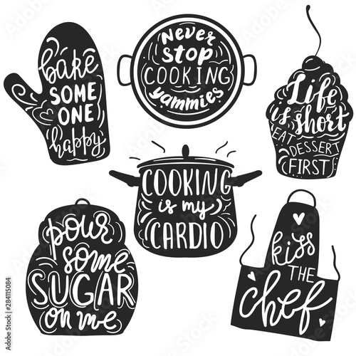 Set of hand drawn funny sayings for kitchen or restaurant poster