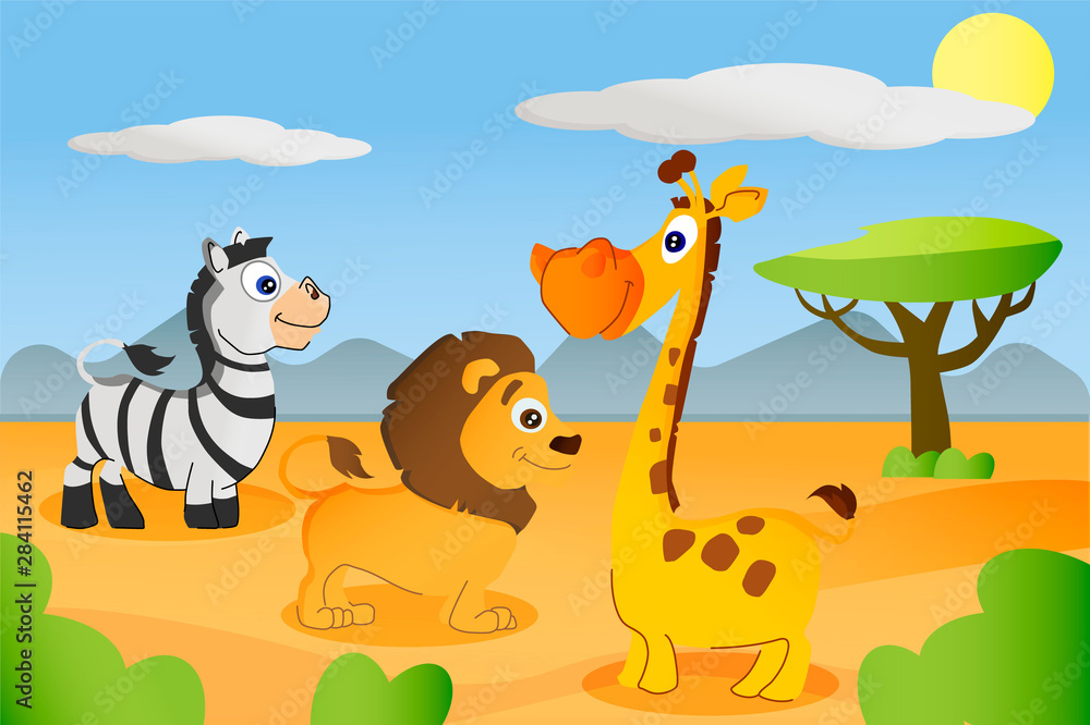 Naklejka premium set of animals zebra, lion, giraffe on a background of Africa