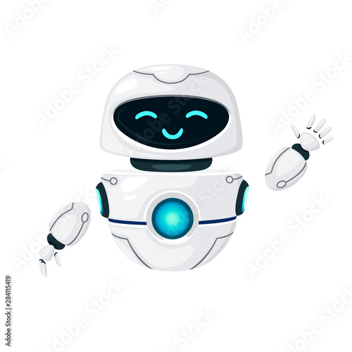 Cute white modern levitating robot waving hand and with happy face flat vector illustration isolated on white background
