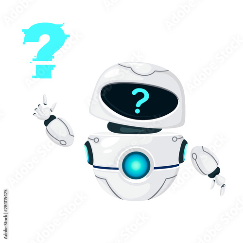Cute white modern levitating robot waving hand and with question mark face flat vector illustration isolated on white background