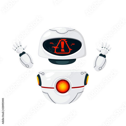Cute white modern levitating robot raised hands and with alert face flat vector illustration isolated on white background