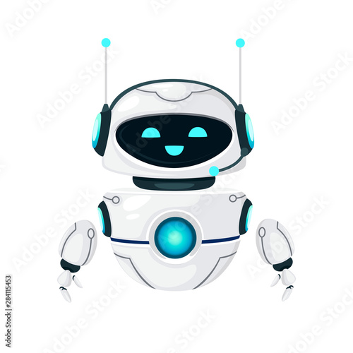 Cute white modern levitating robot with happy face flat vector illustration isolated on white background