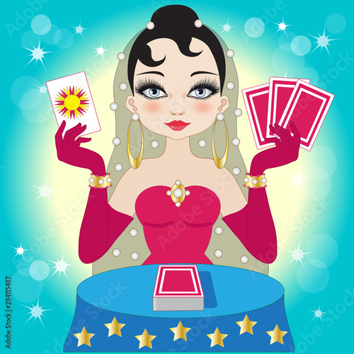 A beautiful fortune-teller dressed in red with black hair reads the tarot cards of the future
