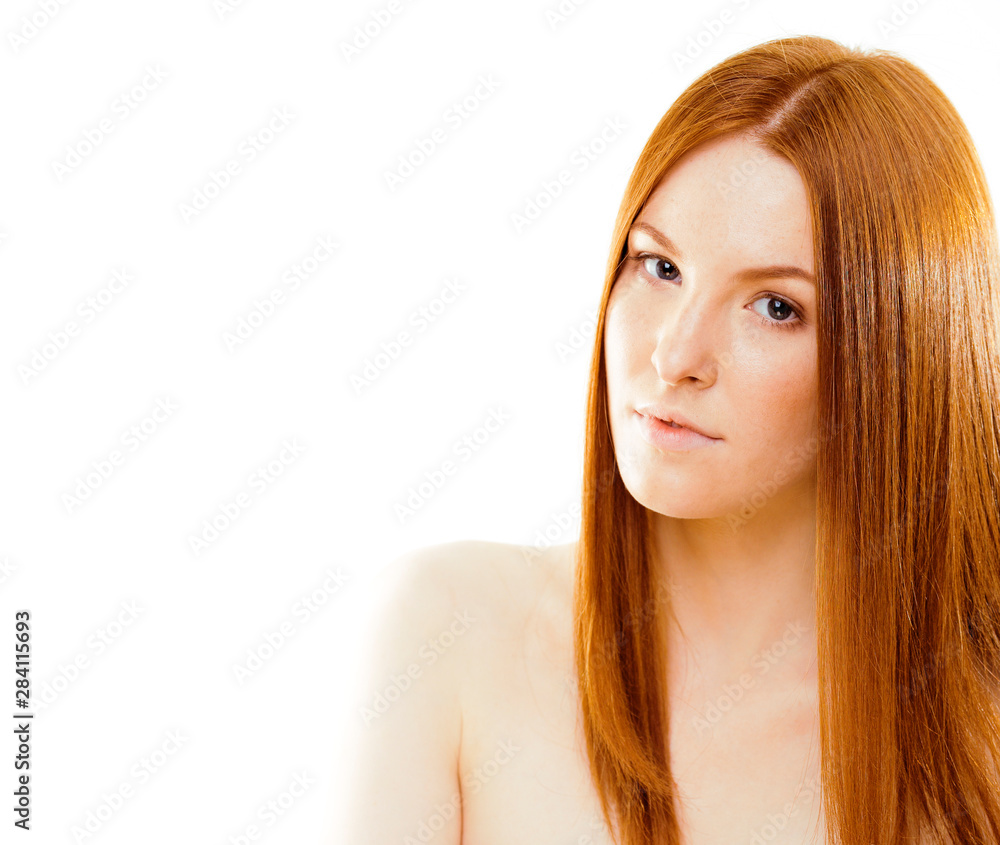 beauty young redhead woman with red flying hair, funny ginger fresh spa girl isolated on white background beauty young redhead woman with red flying hair, funny ginger fresh spa girl isolated on white background