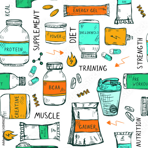 Seamless pattern with hand drawn sport nutrition items