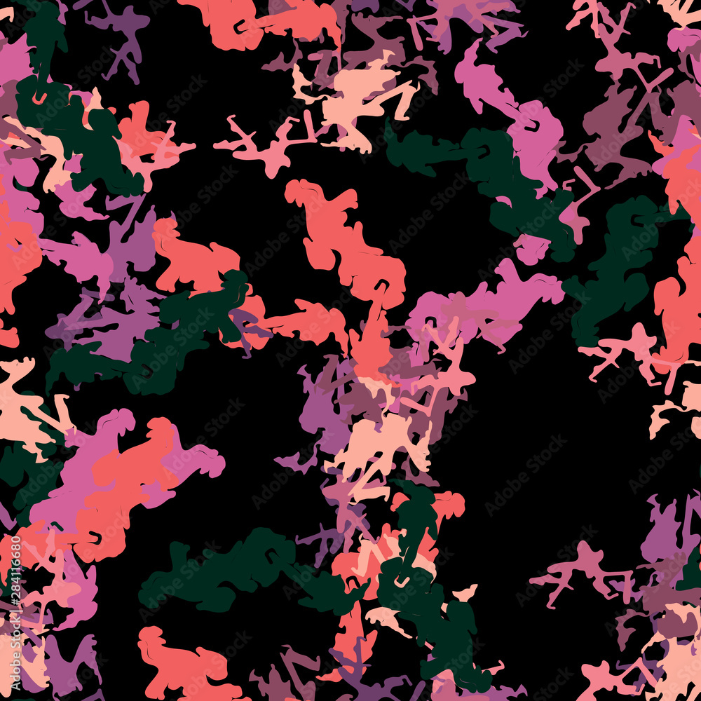 Abstract neon black background with different lines in bright pink, violet and green color