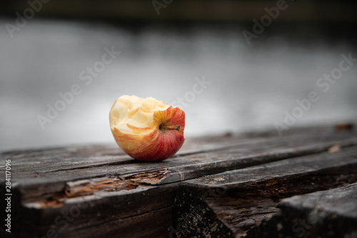 Half eaten apple on rustic wooden table top