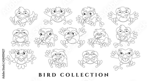 Set cartoon charming birds. Sketch of funny chicks with emotions. Black outline a white background. Isolated, flat style. Template for coloring. Vector illustration.