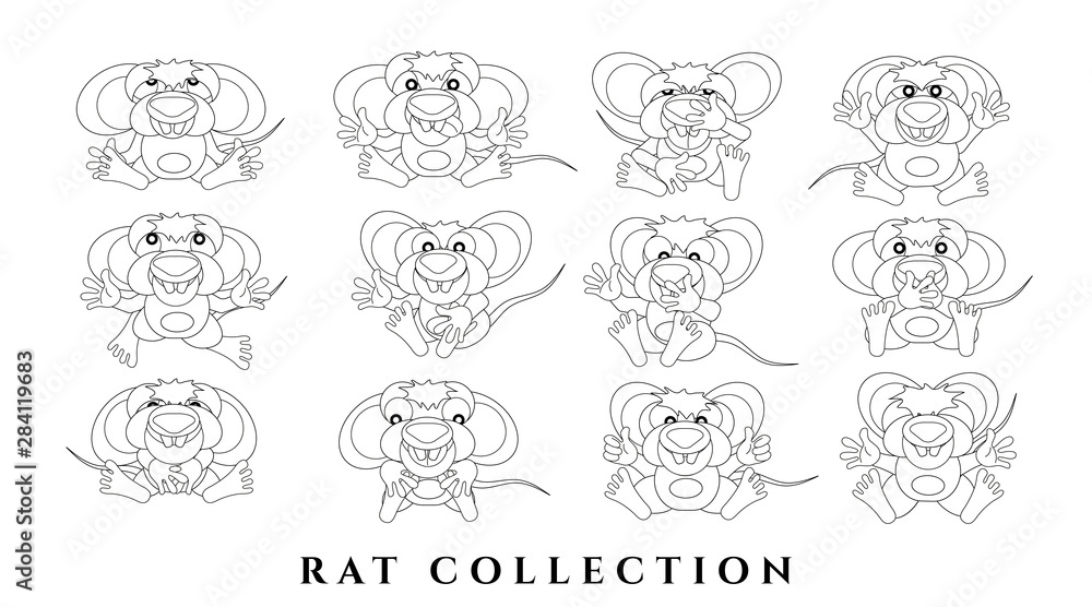 Set cartoon charming rats. Sketch of funny animals with emotions. Black outline white background. Isolated, flat style. Pattern for coloring. Vector illustration