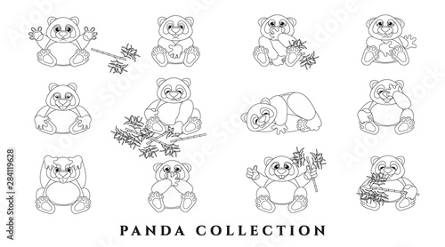 Set cartoon charming pandas. Sketch of funny animals with emotions. Black outline white background. Isolated  flat style. Pattern for coloring. Vector illustration