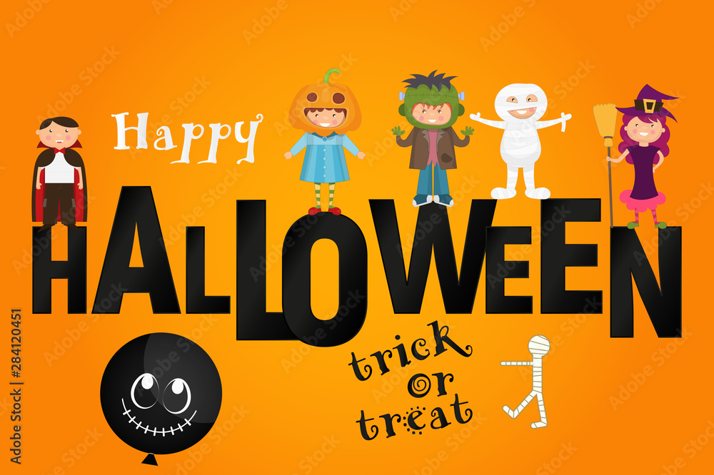 Happy Halloween Invitations or Greeting Card for Party. Vector Illustration. Group of Kids in Halloween Costume on Orange Background.