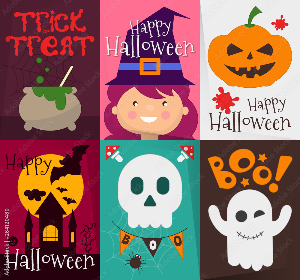 Happy Halloween Fun Posters Set with Halloween Symbols. Vector Illustration.