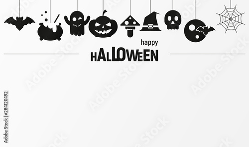 Happy Halloween Invitations or Greeting Card with Place for Text. Black Halloween Icons on Paper Background. Vector Illustration.