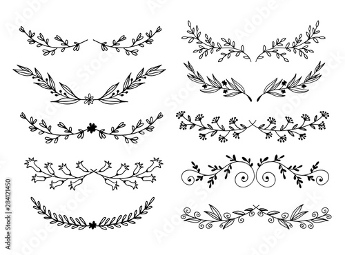 Hand drawn flowers and leaves vector set, floral doodle elements isolated on white background