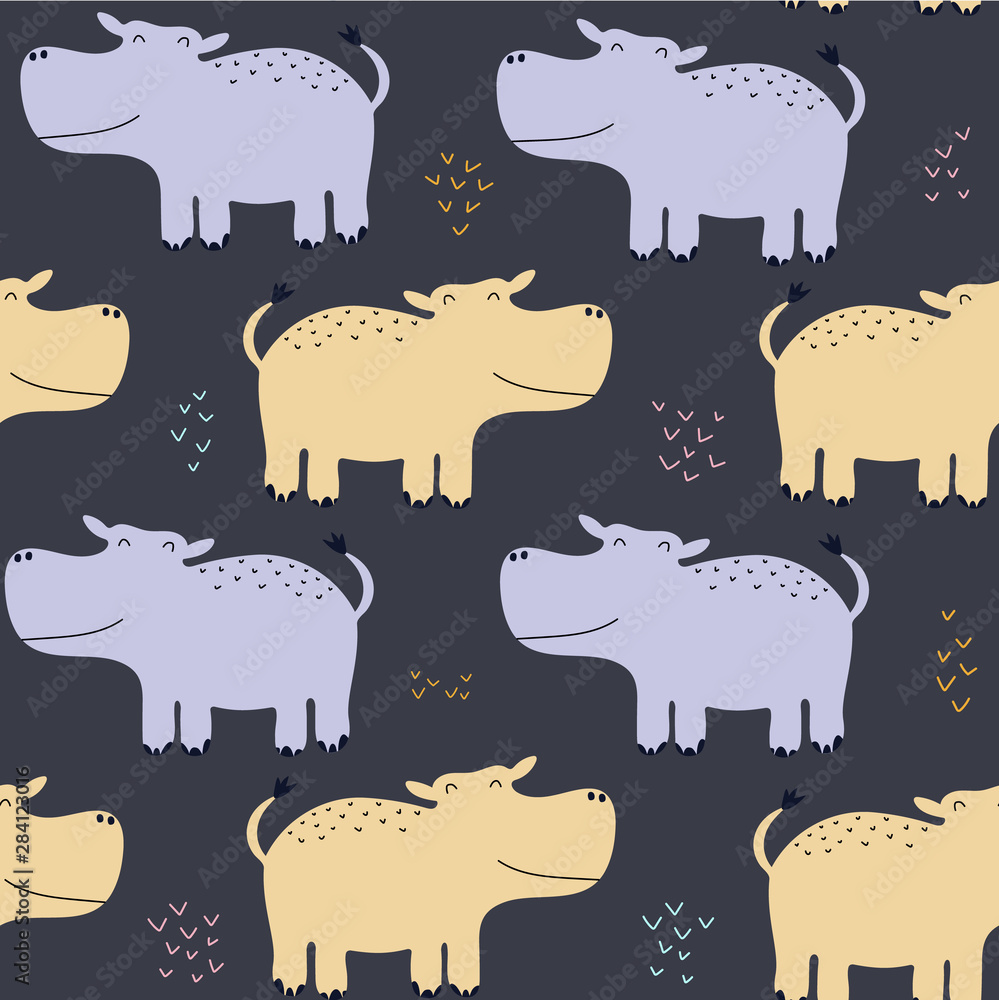Fototapeta premium Hand drawn seamless background with hippos. Pattern with cute design. Scandinavian style design. Vector illustration