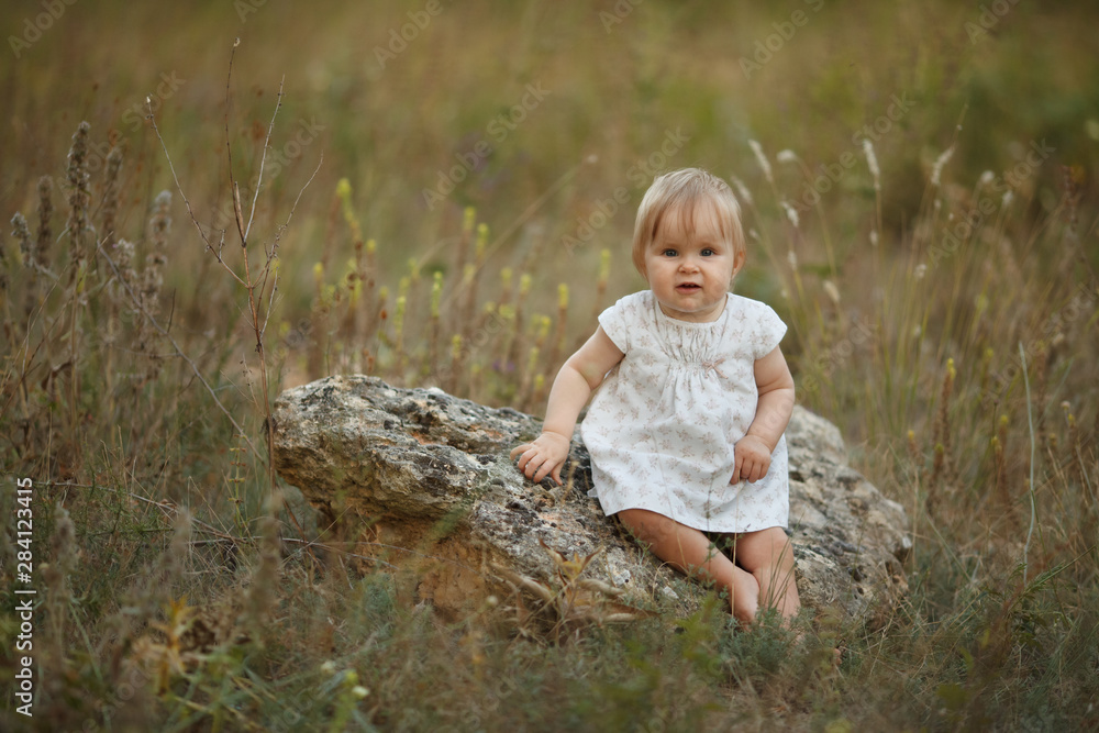 Cute little baby girl smiling in nature. Looking at the camera. A place for a label. The concept is a happy family, naivety, simplicity. Cute little baby girl smiling in nature. Looking at the camera. A place for a label. The concept is a happy family, naivety, simplicity.