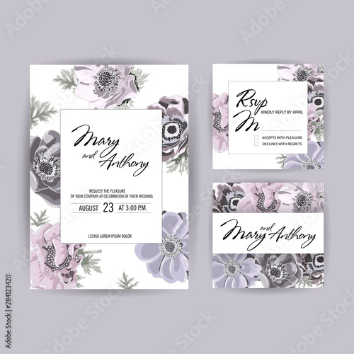 Wedding Invitation, anemone invite card Design: Hand drawn colorful marker illustration. Doodle sketch line flower on white background frame print. Vector invete rsvp set in grey pink colors