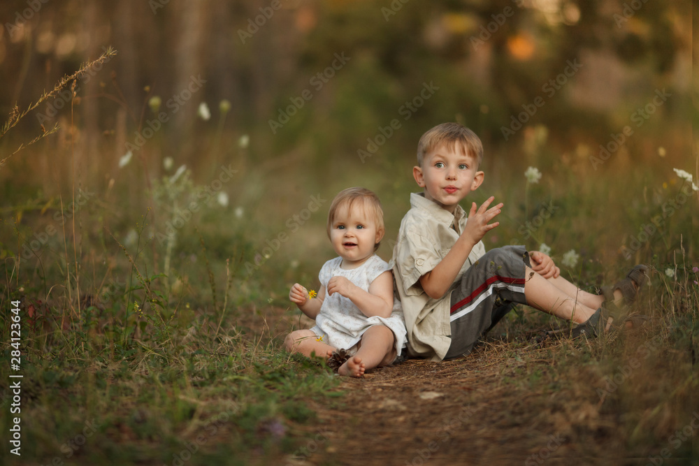 Two cute happy little kids brother and sister sitting with their backs to each other outdoors in the Park. Smiling and laughing looking at camera. The concept of a happy family on holiday in nature. Two cute happy little kids brother and sister sitting with their backs to each other outdoors in the Park. Smiling and laughing looking at camera. The concept of a happy family on holiday in nature.