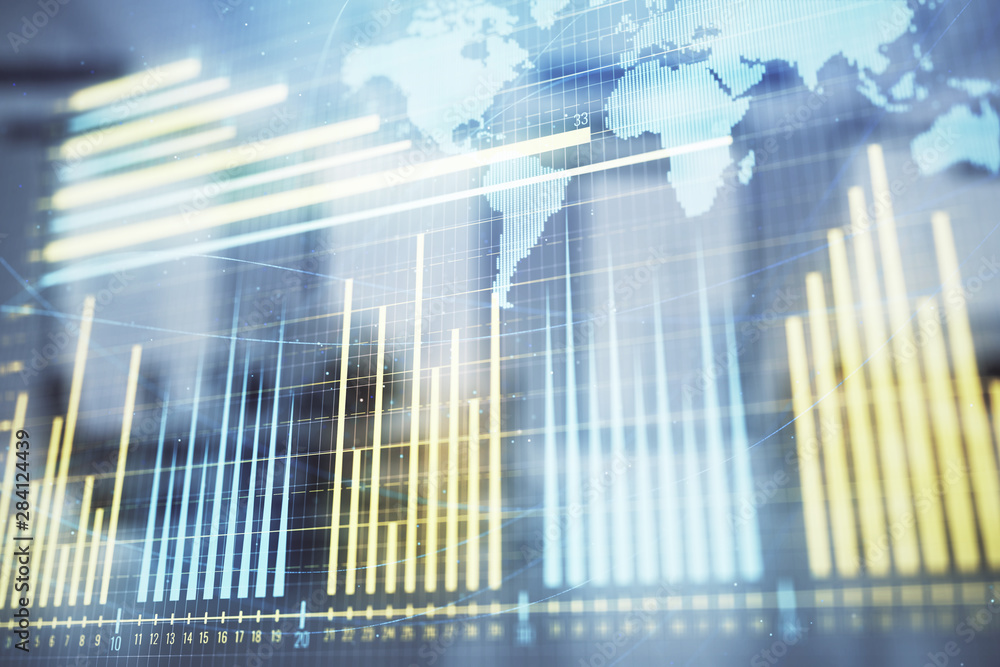Stock and bond market graph and world map with trading desk bank office interior on background. Multi exposure. Concept of international finance Stock and bond market graph and world map with trading desk bank office interior on background. Multi exposure. Concept of international finance