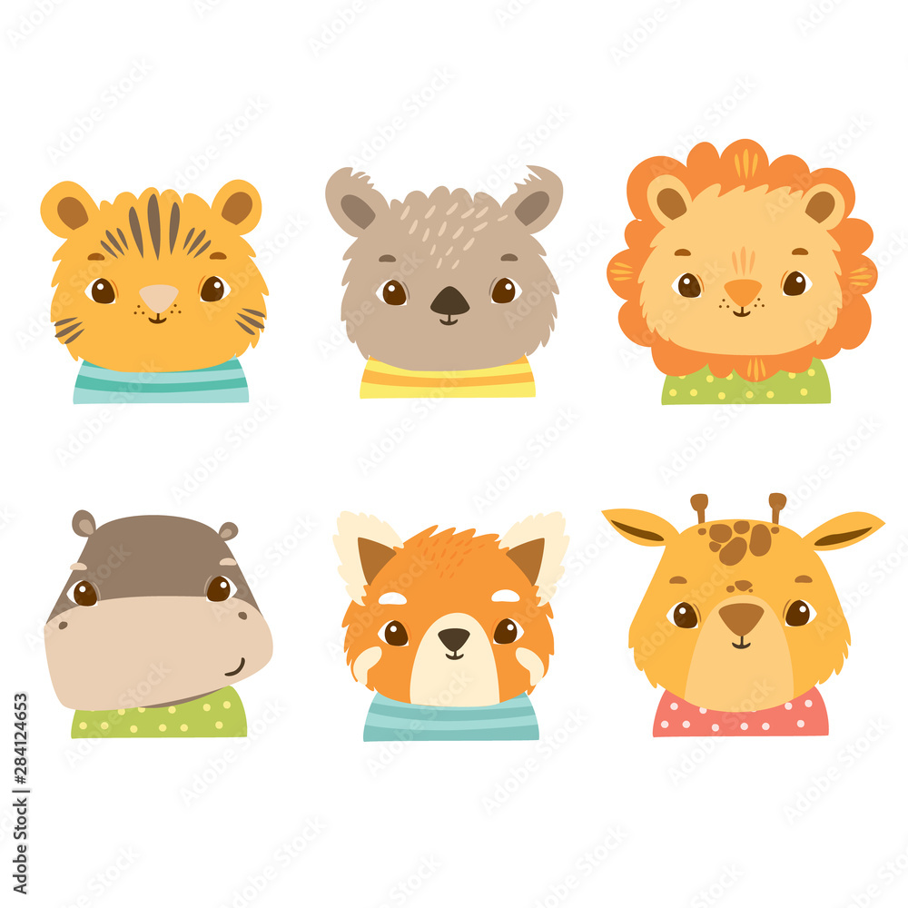 Obraz Słodkie afrykańskie zwierzęta w strojach, lew, żyrafa, hipopotam, panda, koala, czerwona panda, tygrys, kot. Szczęśliwe twarze dzieci