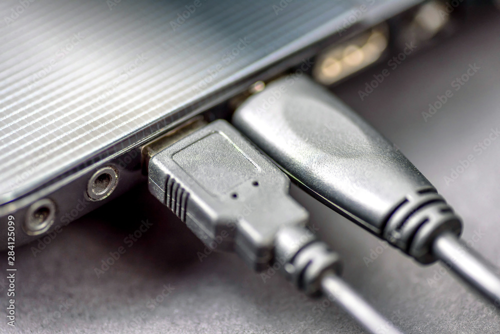 two usb cables connected to laptop closeup view two usb cables connected to laptop closeup view