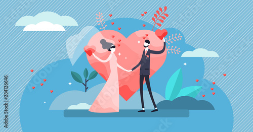 Wedding vector illustration. Flat tiny couple marriage day persons concept.
