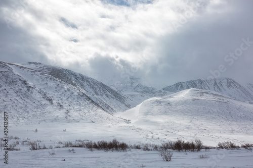 Winter landscape with mountains, Yamal, Russia