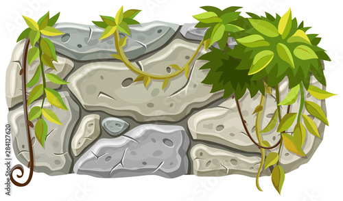 Stone board decoration liana branches and tropical leaves. Isolated vector cartoon square frame with space for text on white background.