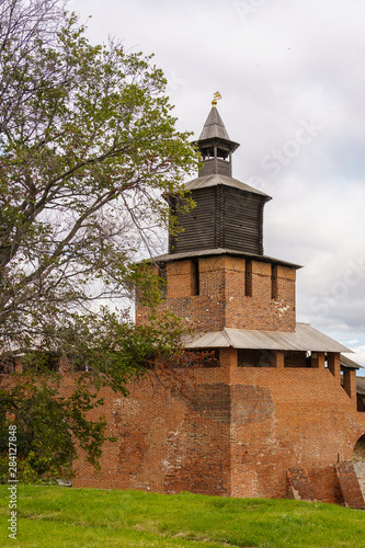 historical building, red brick fortress wall with tower