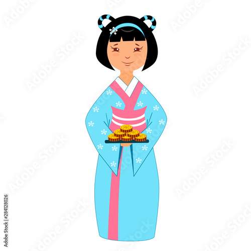  a geisha in a blue kimono with treats