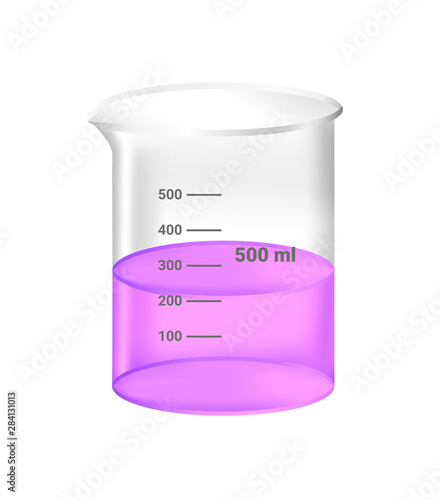 Vector realistic illustration of 3d chemical beaker with pink or purple liquid fluid – solvent or chemicals. Full laboratory glassware with 500 ml volume and with scale isolated on a white background.
