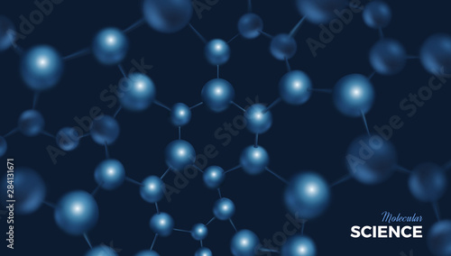 3d blue water molecules vector design. Science abstract background with molecular structure. Atoms model illustration  scientific banner for medicine  biology  chemistry or physics template